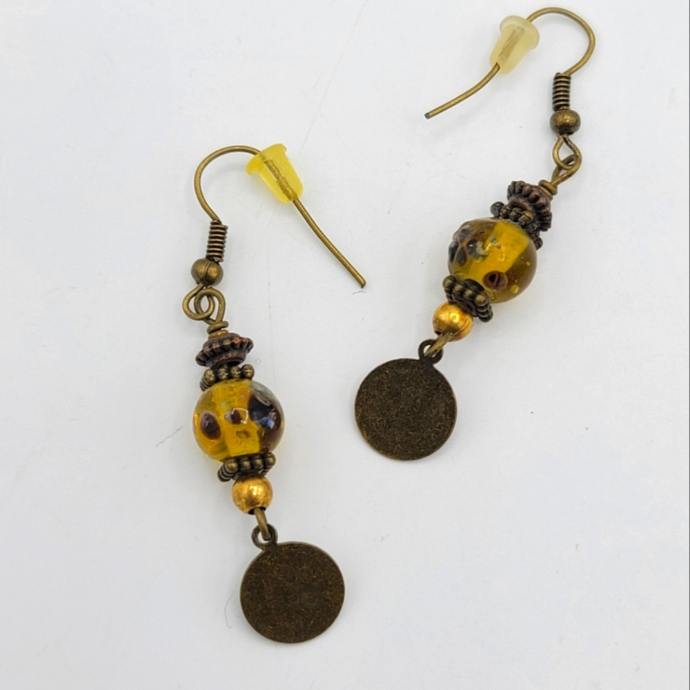 Artisan Handmade Yellow or Green Glass Bead Earrings with Antique Brass Charms